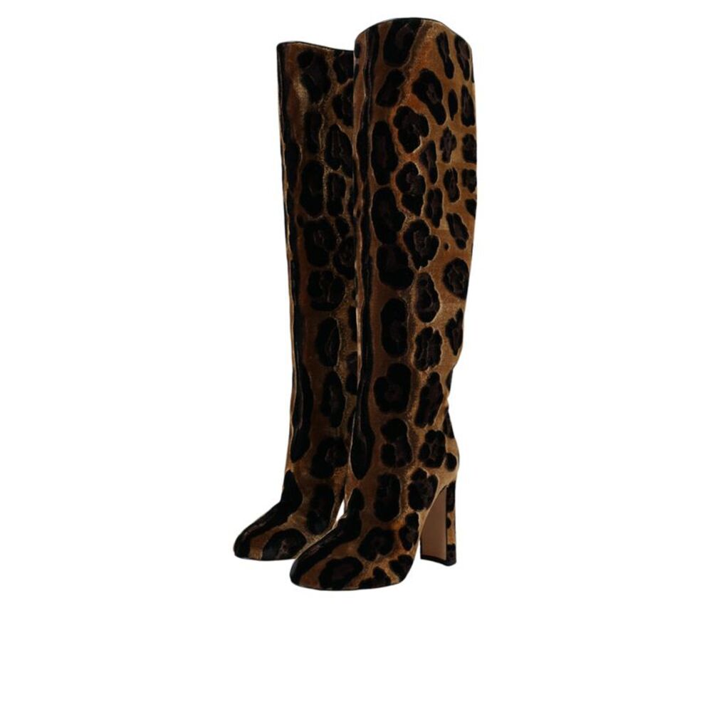 Dolce & Gabbana Velvet Leopard Print KneeHigh Boots Women Brown - Picture 3 of 6